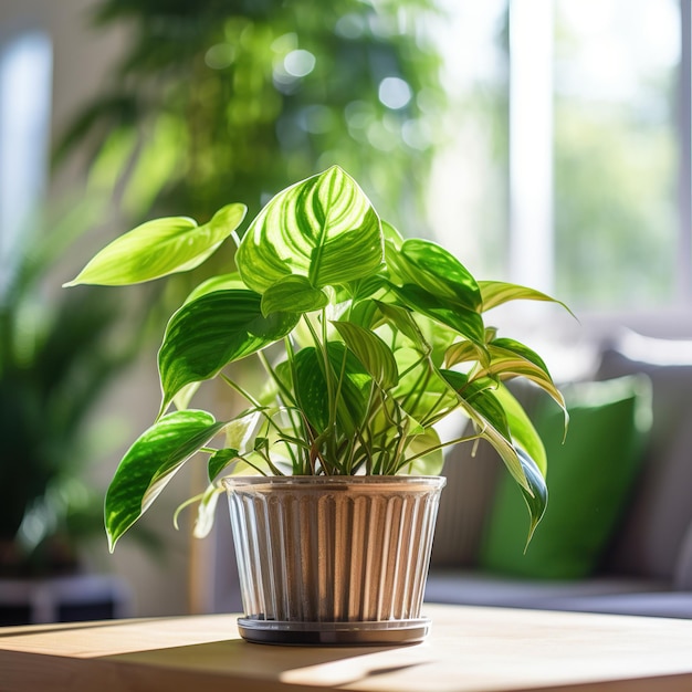 Une plante en pot est posée sur une table dans une pièce lumineuse