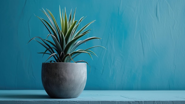 Plante en pot avec des feuilles minces sur un fond de texture bleue