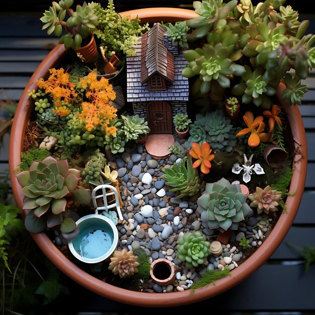 Photo une plante en pot avec une maison miniature et des plantes