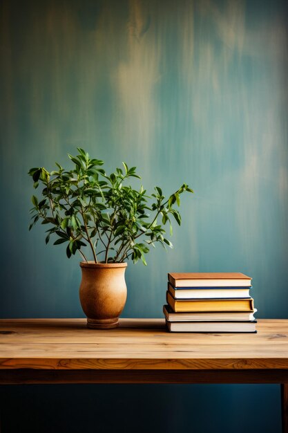 Plante en pot posée sur une table en bois à côté d'une pile de livres IA générative