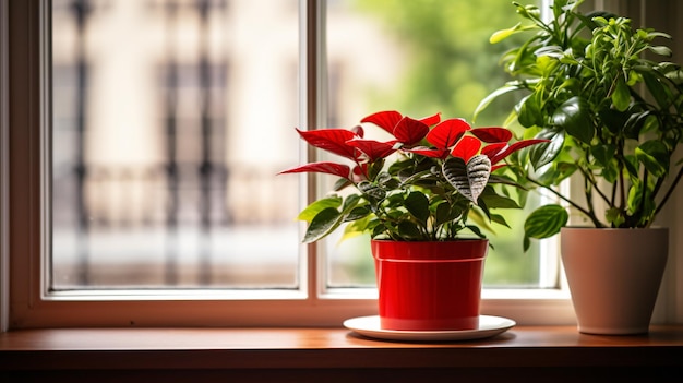 Photo une plante en pot rouge assise au sommet d'un rebord de fenêtre