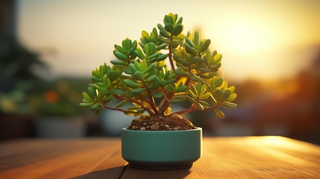 Une plante en pot sur une table en bois