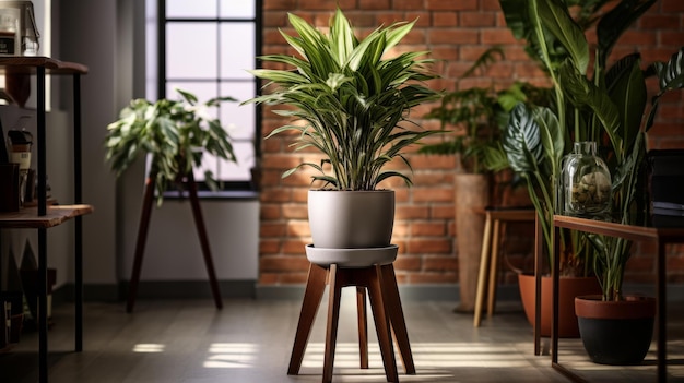 Photo une plante en pot sur un tabouret en bois
