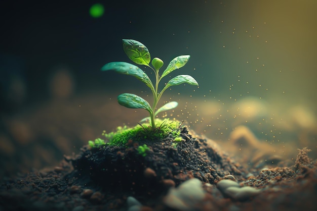 Une plante poussant dans un tas avec le mot arbre dessus