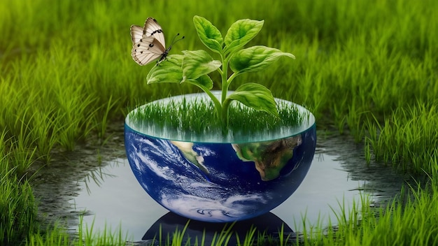 Plante poussant sur la moitié de la sphère de la planète Terre avec de l'herbe verte sur et l'écologie du monde papillon