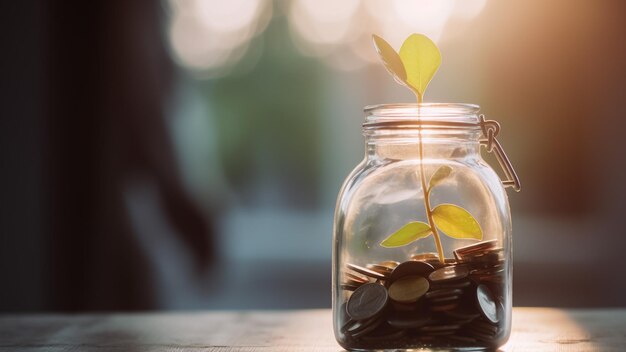 Plante poussant à partir de pièces de monnaie dans le bocal en verre sur fond naturel vert flou avec effet de lumière du soleil