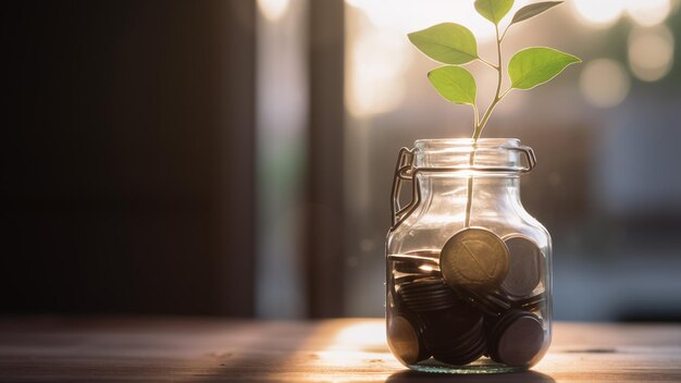 Plante poussant à partir de pièces de monnaie dans le bocal en verre sur fond naturel vert flou avec effet de lumière du soleil