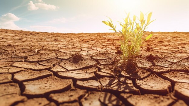 Plante poussant sur un sol fissuré Concept du réchauffement climatique génératif ai