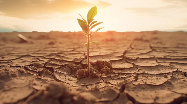 Plante poussant sur un sol fissuré Concept du réchauffement climatique génératif ai