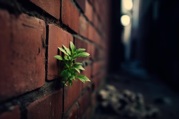 Une plante pousse dans un mur de briques