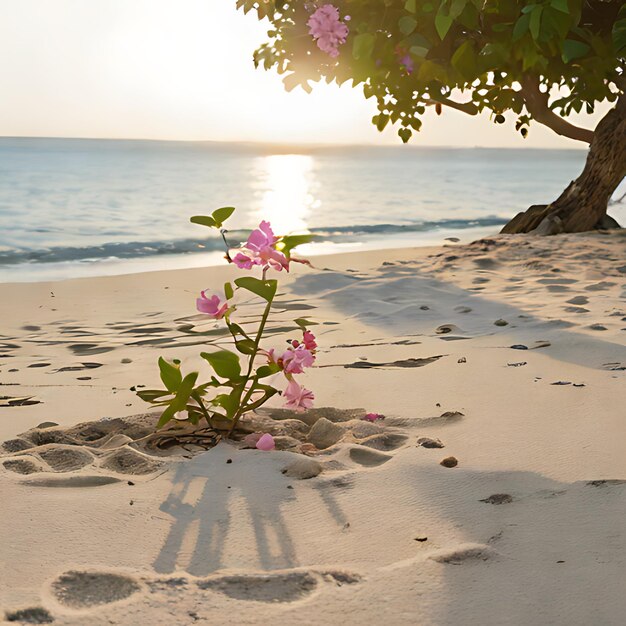 Une plante pousse dans le sable d'une plage.