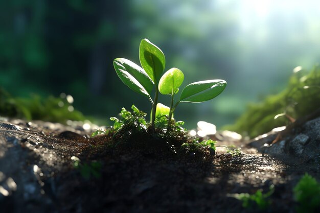 La plante pousse dans le sol agricole ou la forêt avec la lumière du soleil pendant la journée La plante pousse Journée mondiale de la terre