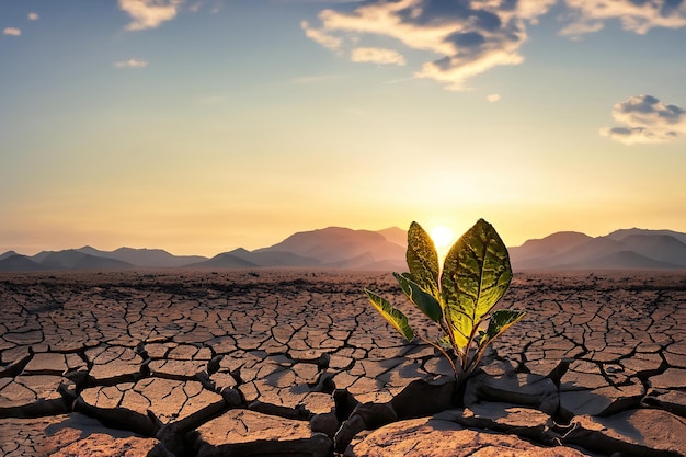 Une plante pousse dans un sol fissuré, fissuré, fissuré, fissuré, fissuré, fissuré, fissuré et fissuré.