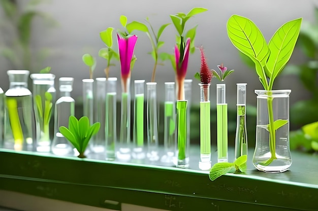 Une plante pousse dans des tubes à essai sur une table.