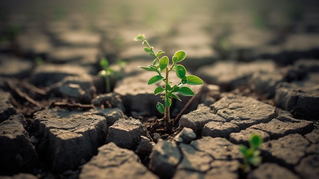 Une plante pousse sur un sol fissuré.