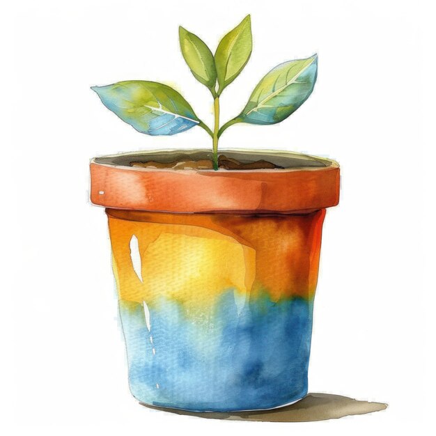 Une plante qui germe dans un pot d'aquarelle coloré