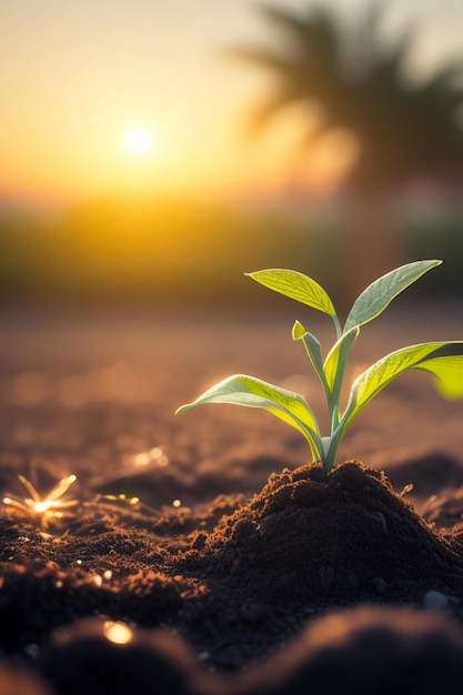 Une plante qui pousse au coucher du soleil