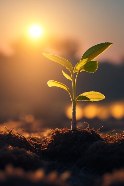 Une plante qui pousse au coucher du soleil