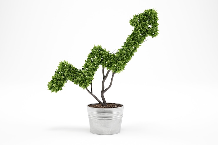 Photo plante qui pousse comme une flèche. rendu 3d. développement du concept d'entreprise économique