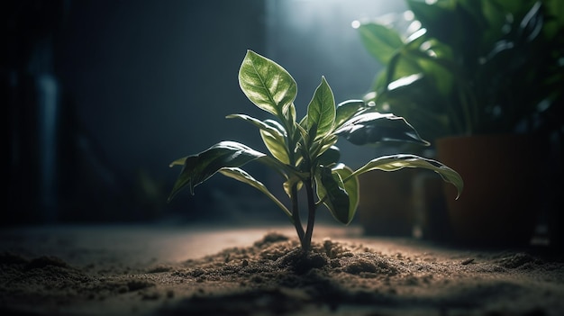 Une plante qui pousse dans une pièce sombre avec une lumière qui brille dessus.