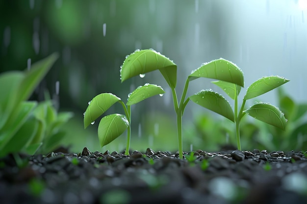 une plante qui pousse dans un pot avec des gouttes de pluie dessus