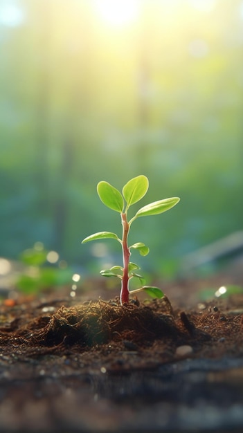 Une plante qui pousse dans le sol avec le soleil qui brille dessus