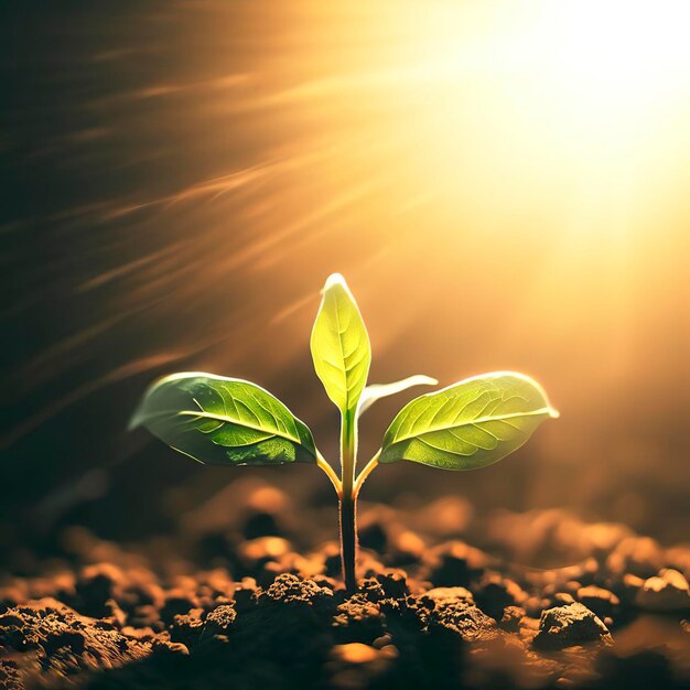 Une plante qui pousse dans le sol avec le soleil qui brille dessus