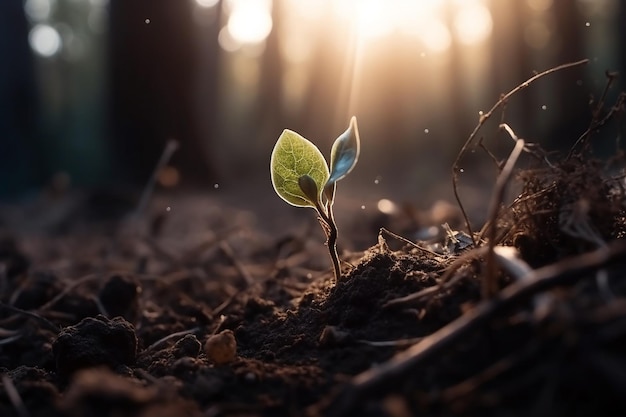 Une plante qui pousse du sol avec le soleil qui brille dessus