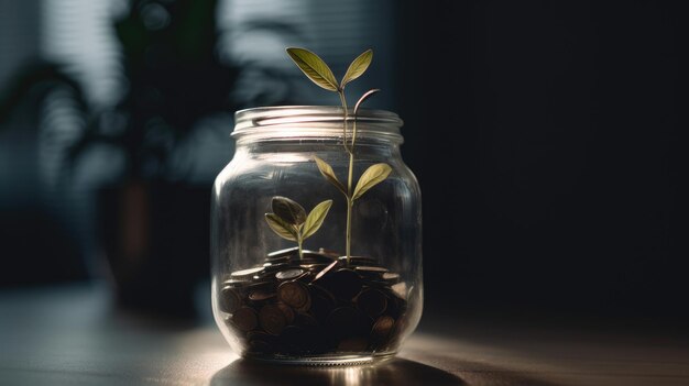 Plante qui pousse sur des pièces d'argent dans un verre de pot Concept d'investissement en finance d'entreprise