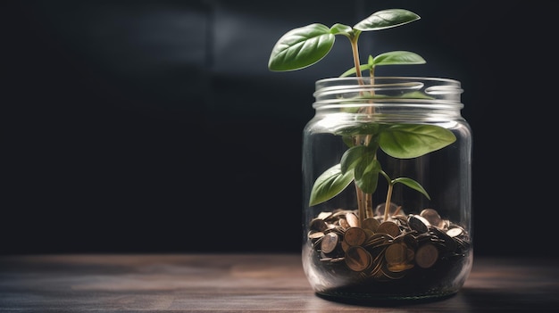 Plante qui pousse sur des pièces d'argent dans un verre de pot Concept d'investissement en finance d'entreprise