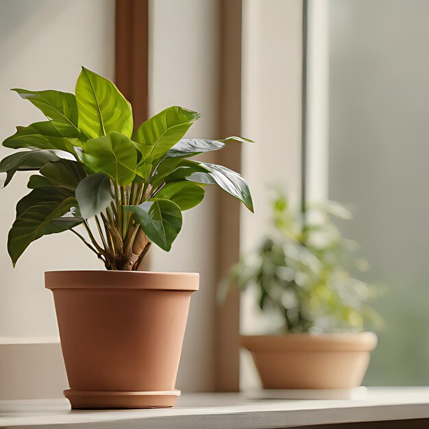 une plante sur un rebord de fenêtre avec une fenêtre derrière elle