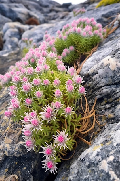 Une plante succulente à fleurs sur un rocher dans les montagnes