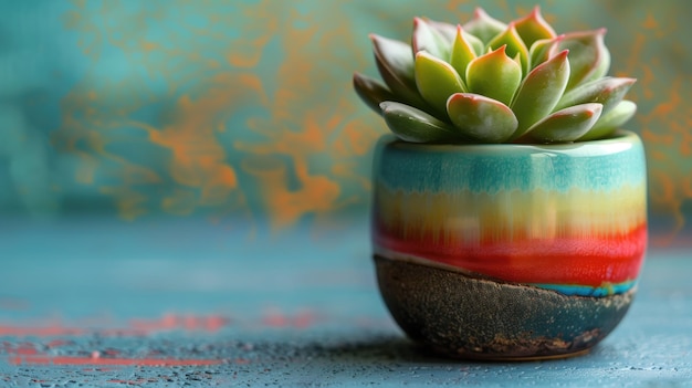 Une plante succulente verte luxuriante nichée dans un pot en céramique à rayures vibrantes sur un fond texturé