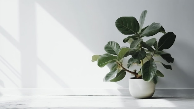 Une plante sur une table blanche avec le soleil qui brille dessus