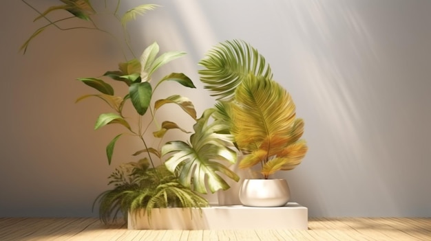 Une plante sur une table avec un vase blanc avec des feuilles vertes dessus.