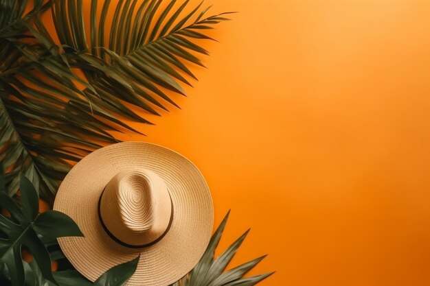 Une plante tropicale avec un chapeau et des feuilles de palmier sur fond orange