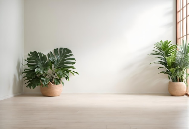 Plante tropicale verte sur bannière esthétique de fond de mur blanc avec texte d'espace de copie