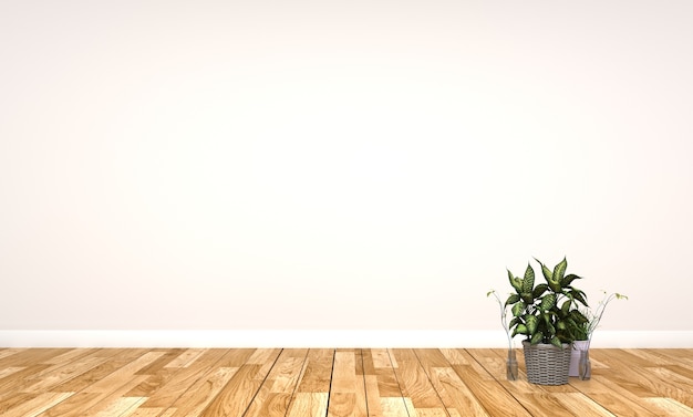 Plante et vase sur table en parquet sur fond de mur blanc vide. Rendu 3D