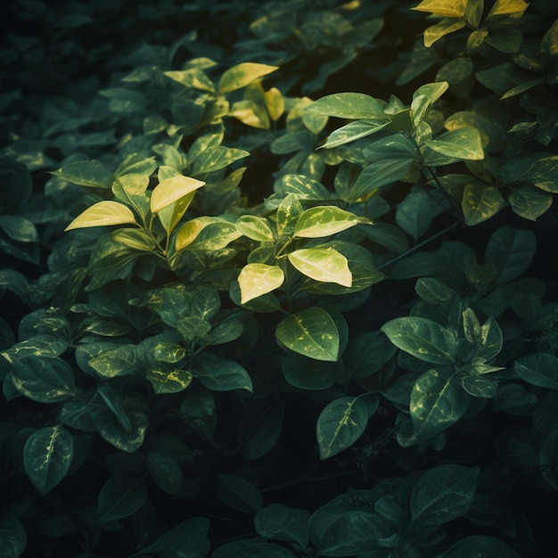 Une plante verte aux feuilles jaunes est entourée de feuilles vertes.