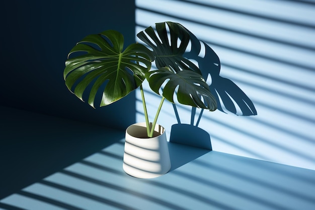 Plante verte dans un pot en béton avec des ombres décoratives sur un mur vert et une surface de table dans l'intérieur de la maison ai générative