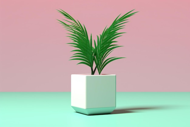 Une plante verte dans un pot blanc sur un fond rose