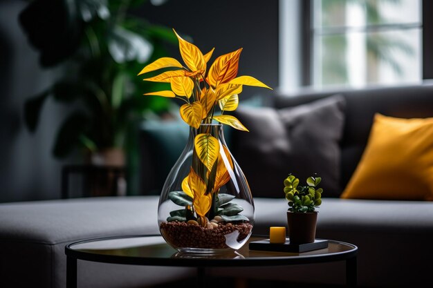 Plante verte dans un pot sur une table à café sur la toile de fond d'un canapé confortable flou d'arrière-plan AI