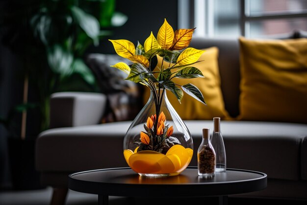 Plante verte dans un pot sur une table à café sur la toile de fond d'un canapé confortable flou d'arrière-plan AI