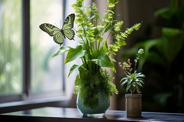 Plante verte dans un pot sur une table à café sur la toile de fond d'un canapé confortable flou d'arrière-plan AI