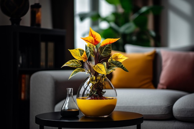 Plante verte dans un pot sur une table à café sur la toile de fond d'un canapé confortable flou d'arrière-plan AI