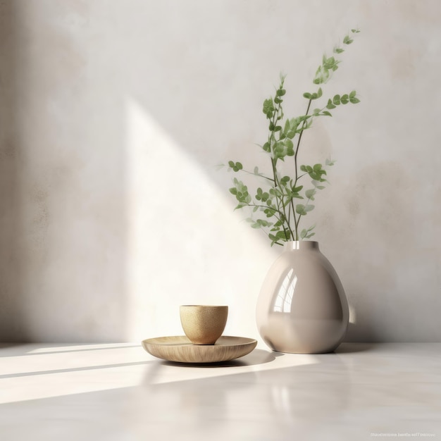 Plante verte dans un vase blanc moderne sur une table de comptoir en pierre avec ombre de feuille et lumière du soleil pour la décoration intérieure et l'affichage du produit rendu 3D