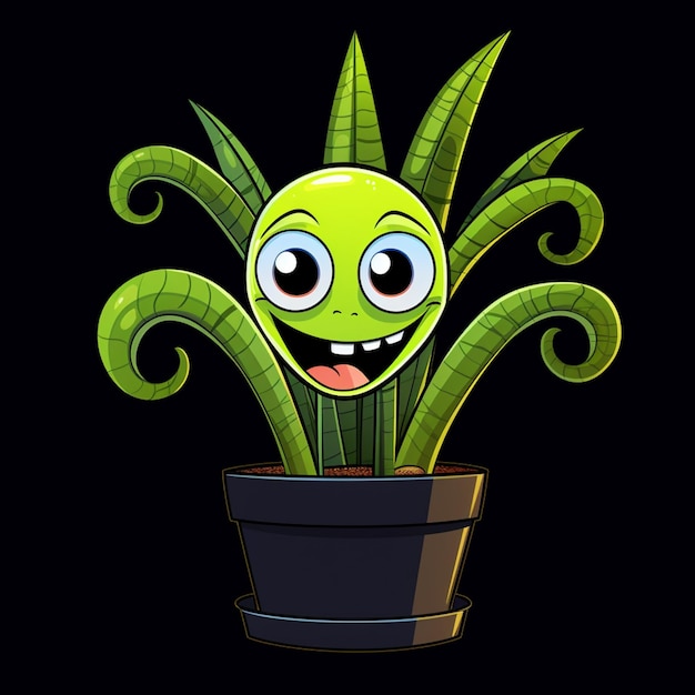 Photo plante verte de dessin animé avec un visage heureux dans un pot génératif ai