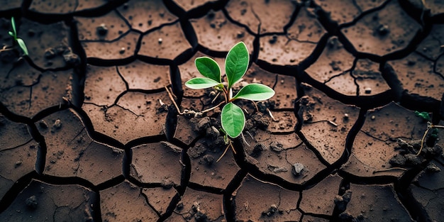 Une plante verte générative IA générée par l'IA pousse dans la terre sèche Une nouvelle vie née avec le combat