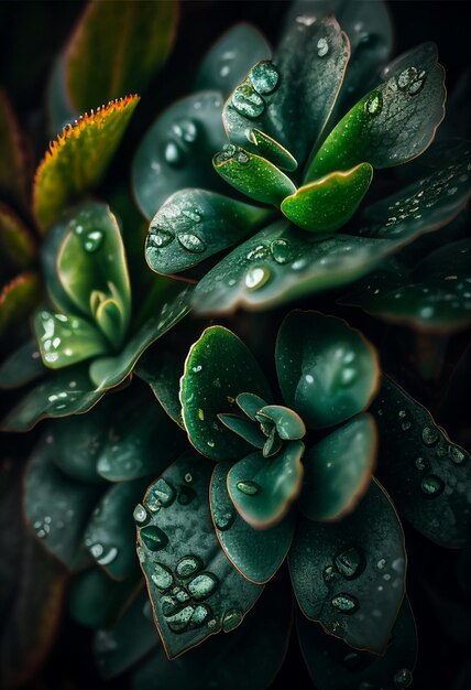 Une plante verte avec des gouttes d'eau dessus