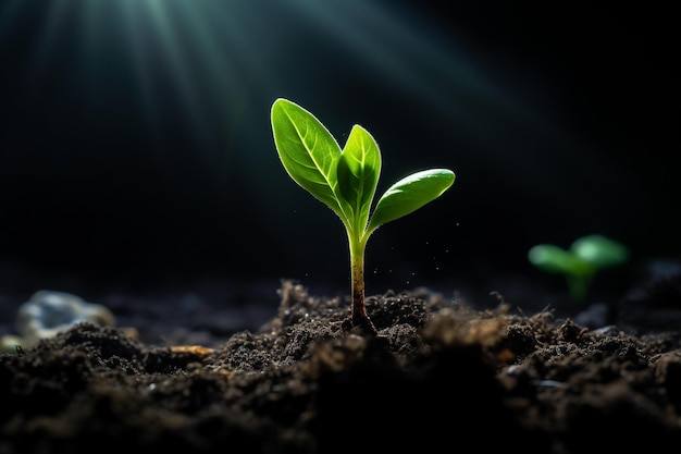 Plante verte poussant dans l'obscurité du sol avec l'IA générative